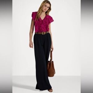 NWT Lauren Ralph Lauren Crinkle Georgette V-Neck Fllutter Sleeve Ruffle